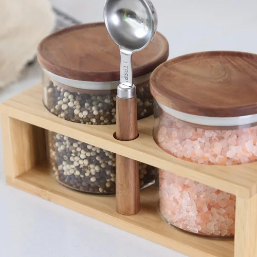 Miniatura 5 de KKC HOME ACCENTS Frascos herméticos de vidrio de borosilicato para almacenamiento de alimentos con tapas de madera y cuchara para café, té, azúcar