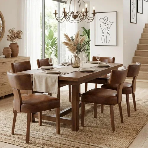 Miniatura 34 de HNY Juego de 6 sillas de comedor de ratán de estilo de mediados de siglo, silla de acento tapizada en lino de estilo granja con respaldo curvo