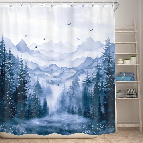 Miniatura 2 de KOMLLEX Cortina de ducha de montaña azul para decoración de baño, 72 pulgadas de ancho x 72 pulgadas de alto, rústico, acuarela, bosque, pino