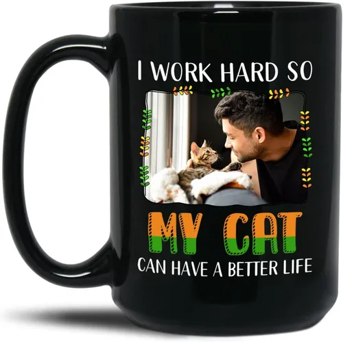 Miniatura 13 de Taza de cerámica negra personalizada para elegir nombre y foto con texto en inglés "Best Cat Dad Ever Just Ask", taza de café personalizada de 11