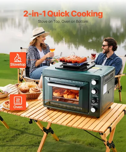 Miniatura 2 de VEVOR Horno de Acampada al Aire Libre, Combo de Estufa de Gas Portátil de 2 en 1, Fuego Ajustable, Temporizador de 60 Minutos, a Prueba de Viento