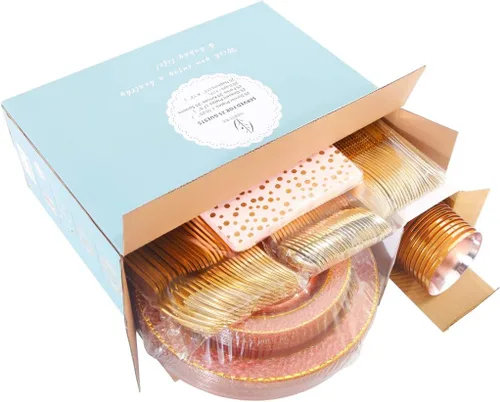 Miniatura 6 de Nervure 175 piezas de platos de plástico rosa y dorados - Platos desechables rosas: 25 platos de cena, 25 platos de postre, 25 tenedores, 25
