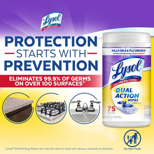 Miniatura 5 de Lysol Toallitas desinfectantes de doble acción, toallitas antibacterianas multisuperficie, para desinfectar y limpiar, aroma cítrico, 75