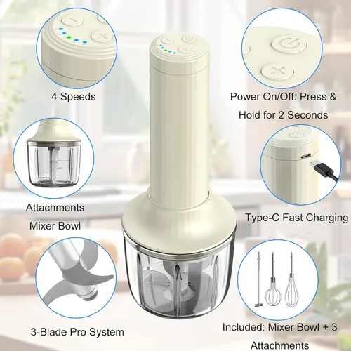 Miniatura 6 de Mezclador de mano inalámbrico MixgoII, batidor eléctrico de mano y espumador de leche, mini mezcladores de mano, batidora de mano recargable y Beige
