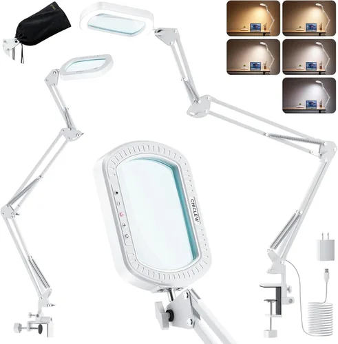 Miniatura 8 de Lupa Rectangular 10X con Luz, 3 Brazos 5 Modos de Color, Lupas Grandes con Abrazadera, Lámpara de Escritorio Iluminada con Lupa de Manos Libres