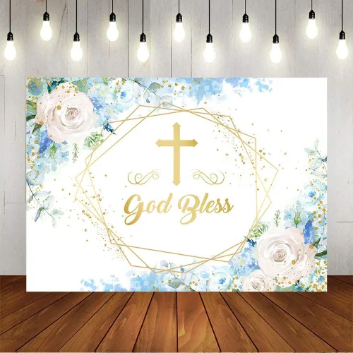 Miniatura 2 de Avezano Telón de fondo azul con texto en inglés "Boy God Bles", fondo floral azul para baby shower, para primera comunión, decoración de baby shower
