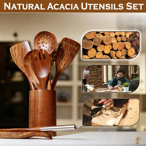 Miniatura 6 de Cucharas de madera para cocinar, 10 piezas con mango inoxidable, juego de utensilios de madera de acacia natural con soporte y soporte para cuchara