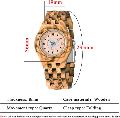 Miniatura 6 de Reloj ligero de cuarzo de madera para mujer, reloj analógico de cuarzo, correa de madera con cierre plegable, relojes de madera para mujer