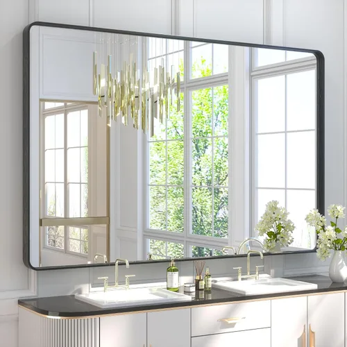 Miniatura 88 de TETOTE Espejo de marco dorado cepillado de 16 x 24 pulgadas, espejo de tocador de baño de latón dorado para pared, espejo enmarcado rectangular