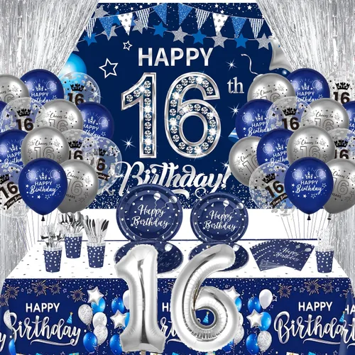Decoraciones de cumpleaños número 16 para niños y niñas, 131 unidades, azul marino, plateado, suministros para fiesta de cumpleaños de 16 años,