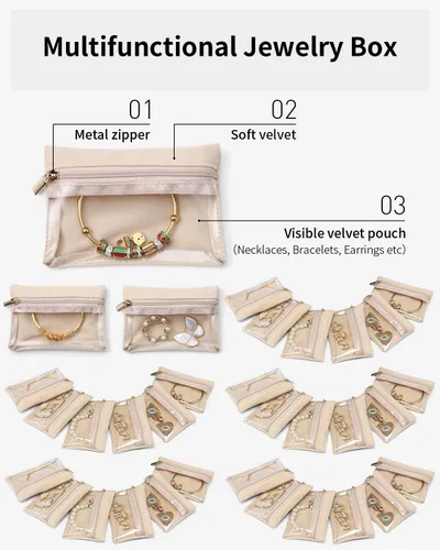 Miniatura 5 de Vlando 33 piezas de joyería de viaje, bolsa de terciopelo para joyas con cremallera, bolsa de joyería de viaje transparente, organizador de viaje