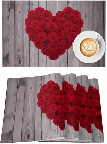 Miniatura 10 de Juego de 4 manteles individuales para el día de San Valentín para mesa de comedor, camión con globos y rosas románticos de arpillera de corazón rosa