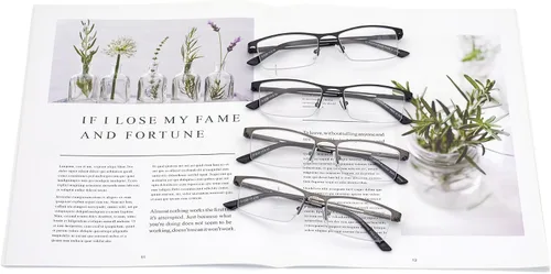 Miniatura 7 de HIGHLIKE Gafas de lectura con luz azul para hombre, lentes de lectura de medio marco de metal, bisagra de resorte, lentes transparentes con bolsas
