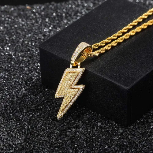 Miniatura 7 de KMASAL Jewelry Iced Out Lightning Pendant Necklace 18K Gold Plated Bling CZ Simulated Diamond Hip Hop Rapper Chain Necklace for Men Women