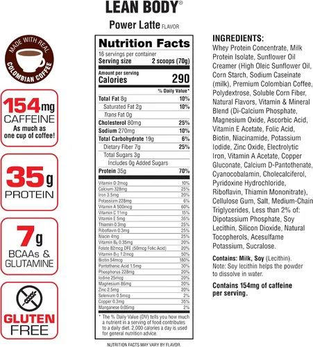 Miniatura 6 de Labrada Lean Body MRP con café colombiano premium (154 mg de cafeína), Power Latte, envase de 2.47 libras