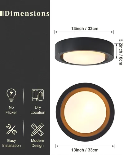Miniatura 4 de Lámpara de techo de montaje al ras de 13 pulgadas, placa de acabado negro con pantalla de vidrio esmerilado, accesorio de iluminación de techo