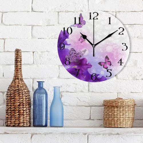 Miniatura 5 de Reloj de pared con mariposas moradas, silencioso, funciona con pilas, floral, sin tictac, decorativo, reloj analógico de cuarzo redondo de 9.5 A01