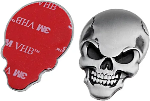 Calcomanía 3D con emblema de calavera de hueso cromado con logotipo, guardabarros, automóvil, motocicleta (ojos negros plateados, paquete de 2)