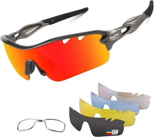 BangLong Polarized Sports Sunglasses Cycling Sun Glasses for Men Women with 5 Interchangeable Lenes for Running Driving azul+negro