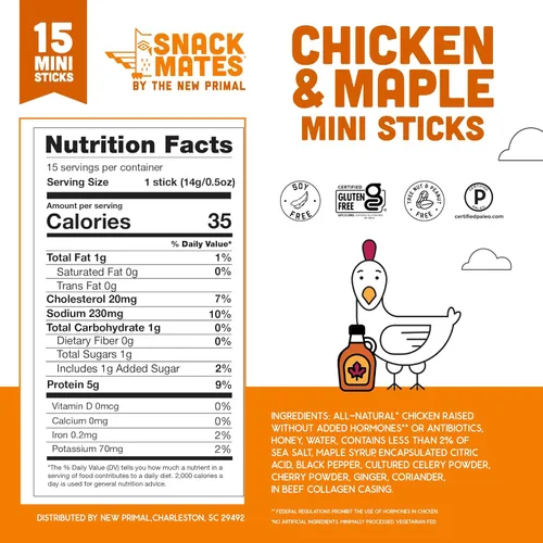 Miniatura 2 de The New Primal Snack Mates - Palitos de pollo y arce, aperitivos saludables sin gluten para niños, aperitivos bajos en azúcar y alto en proteínas