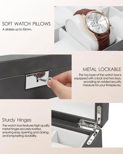 Miniatura 9 de GUKA Caja de 10 ranuras para reloj, vitrina organizadora de cristal real, con estuche de lujo para hombres y mujeres, regalo