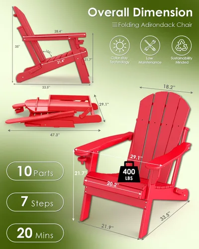 Miniatura 2 de GREENVINES Juego de 2 sillas plegables Adirondack Plástico HDPE Silla para hoguera Todo clima Portavasos Rojo para terraza, patio