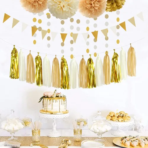 Miniatura 7 de Decoraciones de Fiesta de Champán de Oro Blanco - 23 piezas Pompones de Papel de Seda Serpentinas, Guirnalda de Borlas de Boda de Compromiso