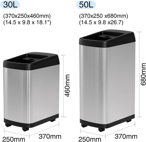 Miniatura 6 de ELLO&ALLO Bote de basura de cocina de 13 galones con tapa enrollable, sensor de movimiento automático sin contacto rectangular con ruedas, acabado