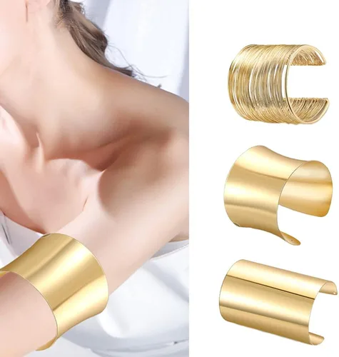 Miniatura 5 de SAMOCO 7 piezas de brazalete para mujer, brazalete de oro abierto, ancho ancho, brazalete ajustable, brazalete de muñeca, Sin gema