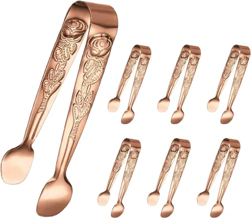 Miniatura 9 de 3 piezas de mini pinzas para servir, pinzas de 10 cm de acero inoxidable color rosa para cubitos de azúcar, pinzas pequeñas plateadas para hielo