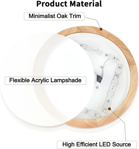Miniatura 2 de Lámpara de Techo LED Empotrada: 12 Pulgadas 24W Luminaria de Dormitorio de Madera con Lámparas de Techo Redondas Modernas Planas Aéreas Minimalistas