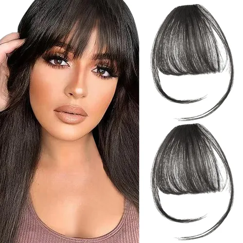 Miniatura 11 de 2 piezas de flequillo con clip de cabello humano real, flequillo falso con clip para el cabello para mujeres, flequillo tenue curvado con postizos