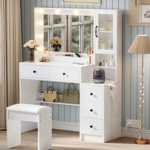 Miniatura 13 de TOKSOM Escritorio de tocador de maquillaje con espejo y luces, mesa de tocador blanca con 2 cajones y estantes de almacenamiento abiertos, juego