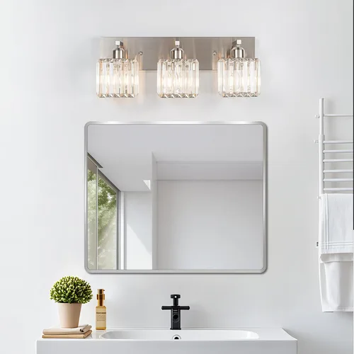 Moderna lámpara de tocador de baño con 3 luces, moderna lámpara de cristal cromado sobre el espejo, lámpara de pared de cristal cromado