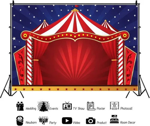 Miniatura 3 de Laeacco Telón de fondo rojo para tienda de campaña de circo de dibujos animados, rayas rojas y blancas, cortina roja de circo, 5 x 3 pies, fondo