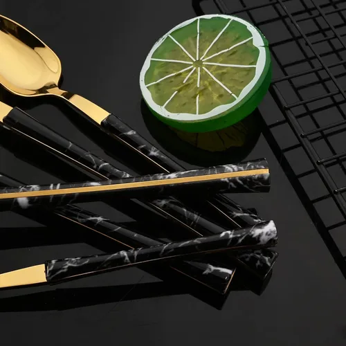 Miniatura 7 de JASHII Juego de cubiertos de acero inoxidable con textura de mármol, 24 piezas, tenedor de cuchillo, cuchara de té, cubiertos plateados para 6