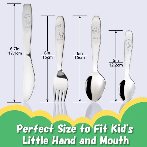 Miniatura 5 de Juego de cubiertos para niños pequeños de acero inoxidable 18/8, 4 piezas, tenedor, cuchara y cuchillo, cubiertos para niños a partir de 3 años