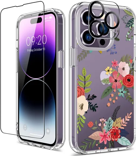 Miniatura 33 de Funda para iPhone 14 Pro con protector de pantalla, 6.1 pulgadas, transparente de cuerpo completo, a prueba de golpes, diseño floral, para niñas
