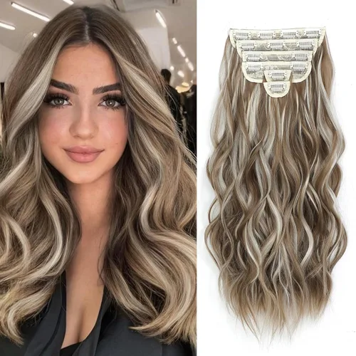 Miniatura 33 de Fliace Extensiones de cabello con clip para mujer, extensiones de cabello ondulado largo de color marrón medio, extensiones de cabello sintético