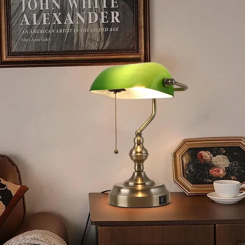 Miniatura 5 de Lámpara de escritorio de banquero de cristal verde, lámparas de escritorio antiguas con puerto de carga USB, lámpara tradicional de biblioteca