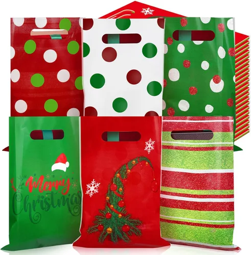 Miniatura 10 de Sinmoe 200 piezas bolsas de plástico de Navidad a granel, bolsa de regalo de mercancía de Navidad con asa de 9" x 12", reutilizable, bolsa