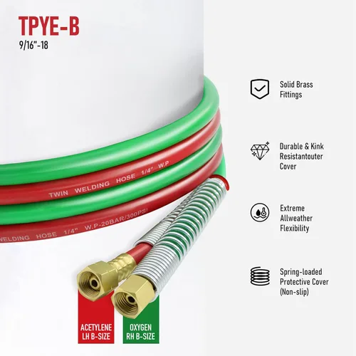 Miniatura 2 de RX WELD Manguera de soldadura de oxiacetileno de 25 pies y 1/4" con accesorios 9/16"-18 B - Manguera de antorcha de línea doble grado R para corte