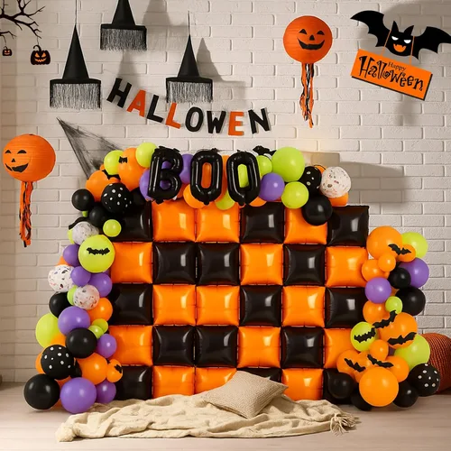 Miniatura 4 de Lunmon Kit de arco de guirnalda de globos cuadrados negros y naranjas, 143 piezas con adhesivo de murciélagos, túnel de globos de doble cara