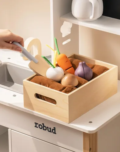 Miniatura 3 de ROBUD Cocina de juguete para niños – Cocina de juguete de madera con caja de plantación, juego de cocina Montessori con máquina de hielo y horno