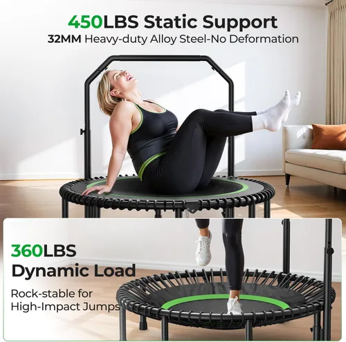 Miniatura 4 de BCAN BT2 - Mini trampolín de rebote de 450/550 libras para adultos con barra, trampolín de fitness con cuerdas elásticas, mango ajustable, estable