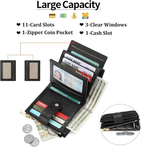 Miniatura 2 de GAEKEAO Cartera pequeña para mujer, de dos pliegues con bloqueo RFID, estuche para tarjetas de crédito con bolsillo con cremallera, A-Negro, Classic