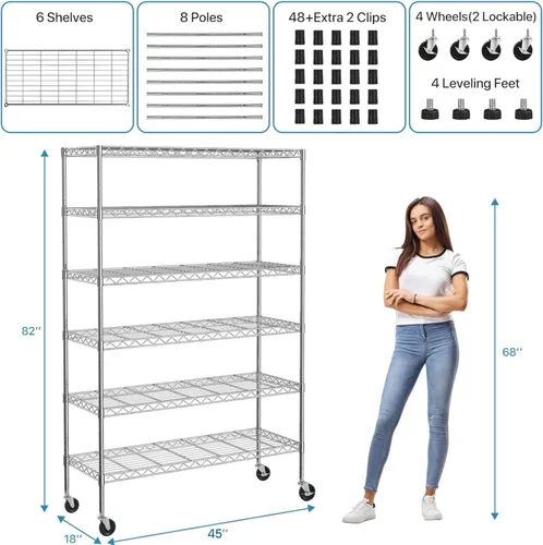 Miniatura 4 de Estantería metálica de almacenamiento de 6 niveles de 208.8 cm x 121.92 x 45.72 cm, con ruedas, resistente estante con capa de acero, cromado