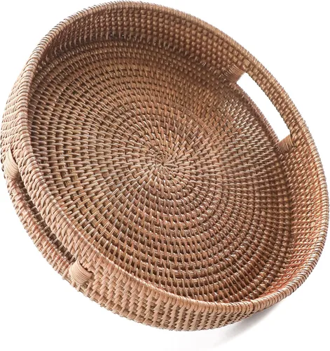 HITOMEN Bandeja de mimbre redonda tejida a mano de 11.8 pulgadas con asas para mesa de café (marrón cálido-M)