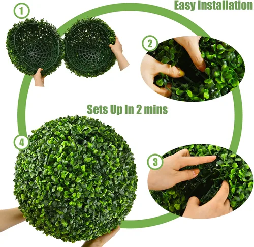 Miniatura 4 de Goplus 2 bolas topiarias artificiales de 15.7 pulgadas, bolas redondas de boj de imitación para exteriores, esferas de jardín decorativas