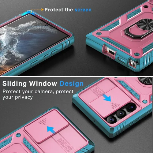 Miniatura 2 de PASNEW Funda para Samsung Galaxy S22 Ultra 5G, cubierta de cámara deslizante y soporte de dedo de metal giratorio de 360°, militar, resistente, a